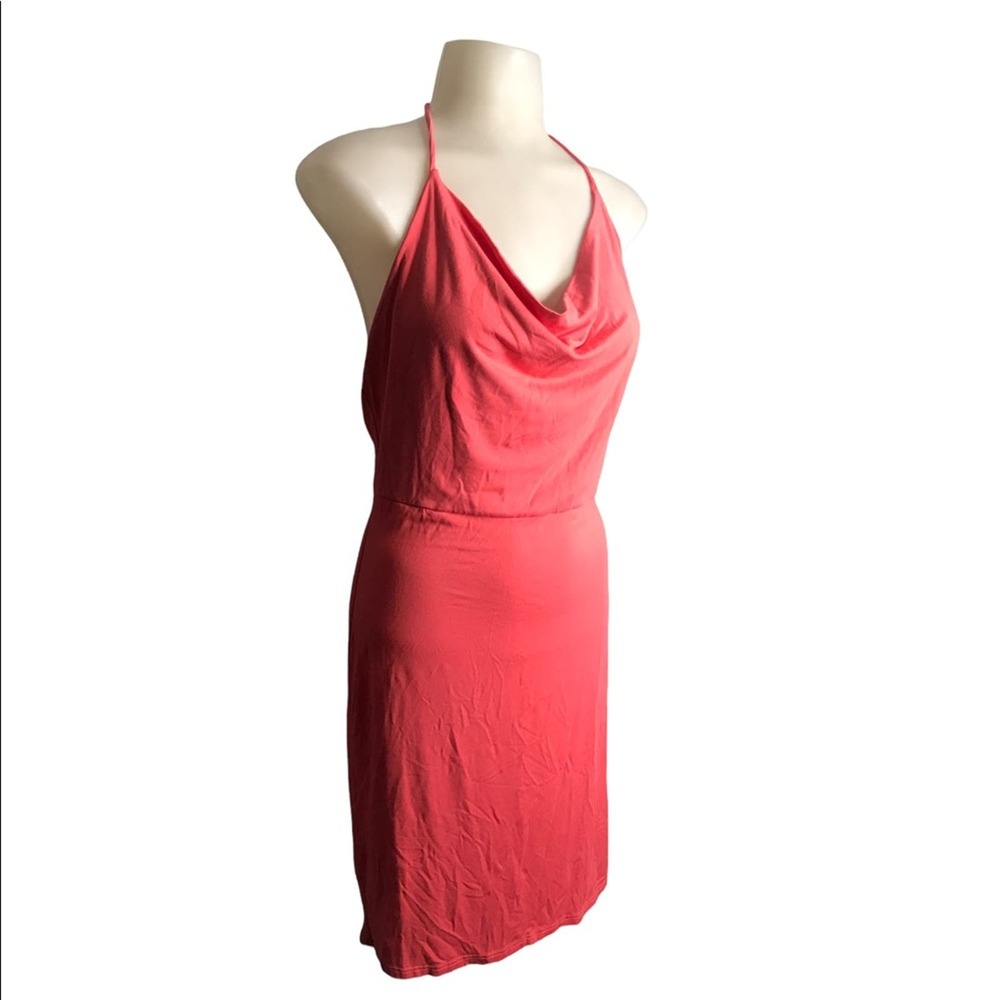 Lizabell | Coral Fitted Halter Tie Drape Neck Mini Dress •